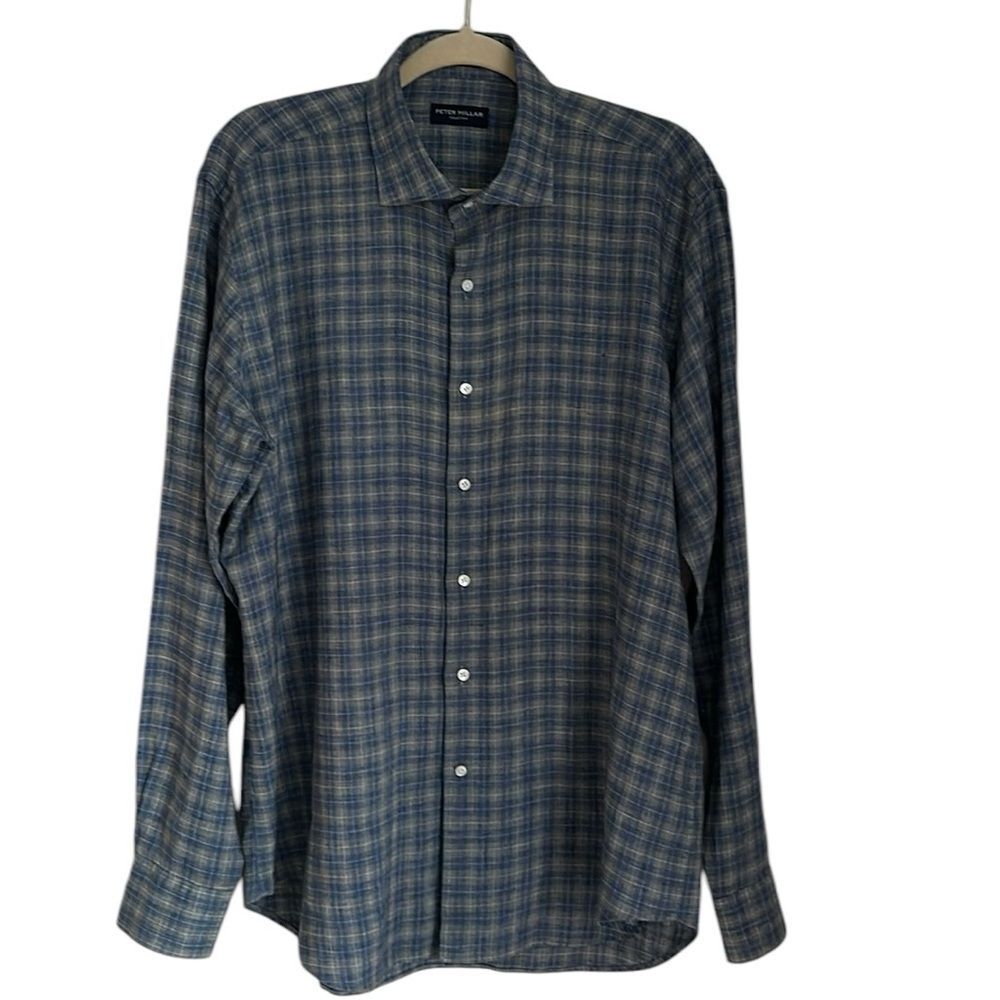 Peter Millar Blue Plaid 100% Linen Button-Up Shirt Mens Long Sleeve Size Large